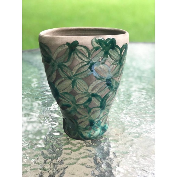 Oval RAKU Pottery Vase with Green Geometric Design - Picture 4 of 6